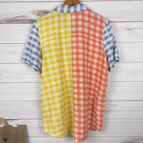 Anthropologies Farm Rio Surf Buttondown Short Sleeve Plaid Linen Blend Sz Small - Picture 2 of 7